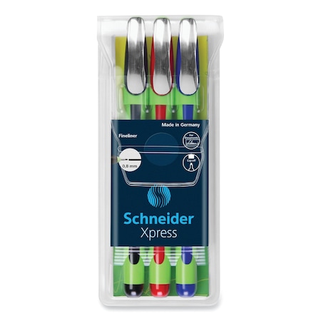 Schneider Electric Xpress Fineliner Porous Point Pen, Stick, Medium 0.8 mm, Assorted Ink Colors, Green Barrel, PK3 190093